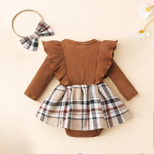 Baby Girl Fall Winter Outfit Set – Plaid Romper Dress with Ruffles, Long Sleeve Jumpsuit, and Bow Headband