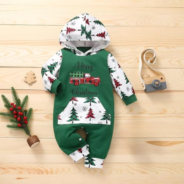 Baby's First Christmas Outfit - Unisex Hooded Romper Jumpsuit with Car Truck Print, Long Sleeve, and Pocket - Xmas One-Piece Baby Clothes