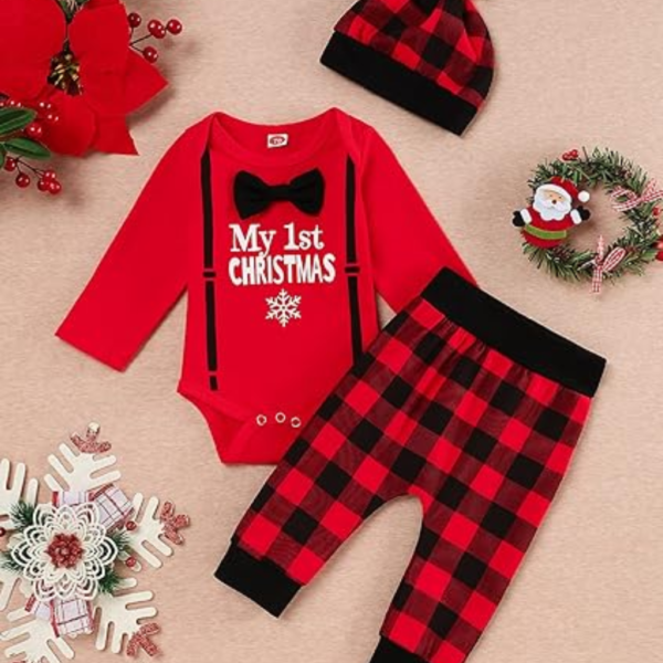 My First Christmas Outfit - Toddler Baby Boys & Girls Long Sleeve Romper Set - Newborn Holiday Clothing