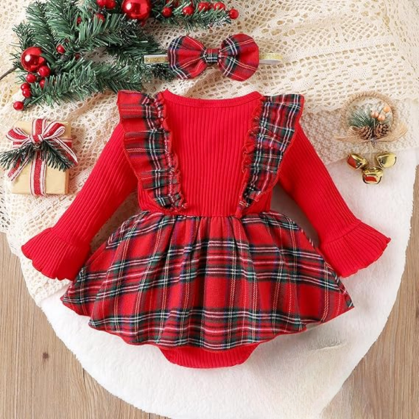 Baby Girl Fall Winter Outfit Set – Plaid Romper Dress with Ruffles, Long Sleeve Jumpsuit, and Bow Headband