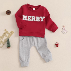 Adorable Baby Christmas Outfit - Unisex 'Merry' Crew Neck Sweatshirt and Pants Set for Boys & Girls - Holiday Winter Baby Clothes