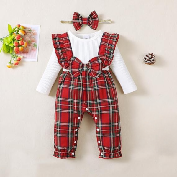 Newborn Infant Baby Girl Fall Winter Outfit - Plaid Long Sleeve Jumpsuit Romper Bodysuit - One Piece Baby Overalls Clothing