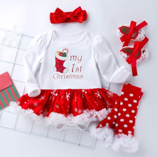 Newborn Baby Girl Christmas Outfit - Festive Romper Tutu Dress with Headband, Leg Warmers, and Shoes - Holiday Baby Clothes