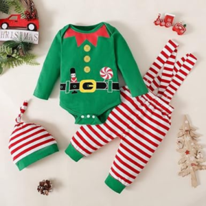 Baby Boy Christmas Outfit - Festive Elf Bodysuit with Suspenders Set for Holiday - Baby Xmas Clothing